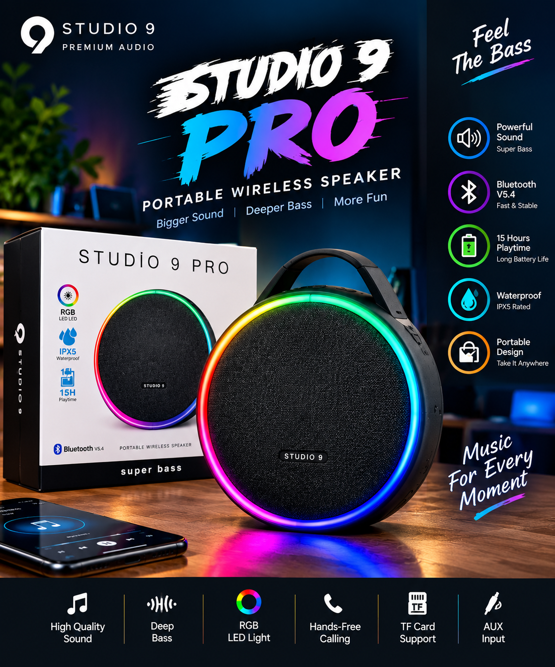 Studio 9 Pro Portable Wireless Speaker – Super Bass with RGB Light