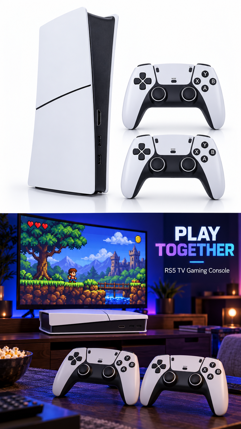 RS5 Retro TV Gaming Console with Dual 2.4G Wireless Controllers – White & Black
