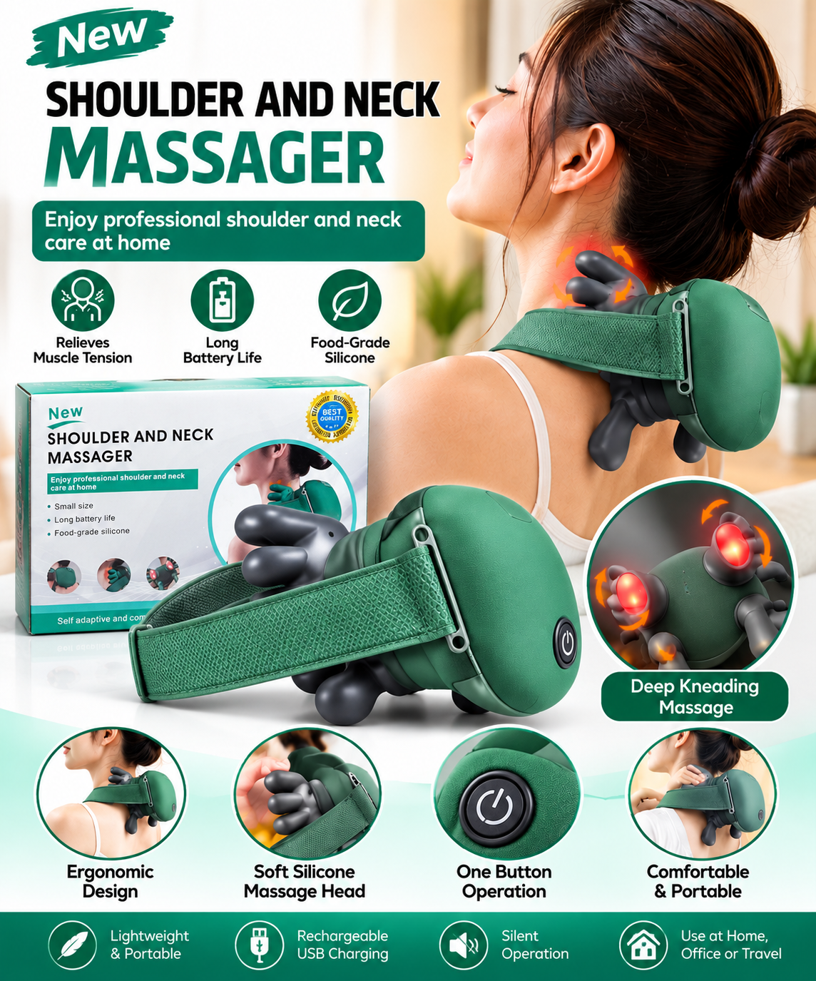 Rechargeable Shoulder & Neck Massager – Deep Kneading Massage