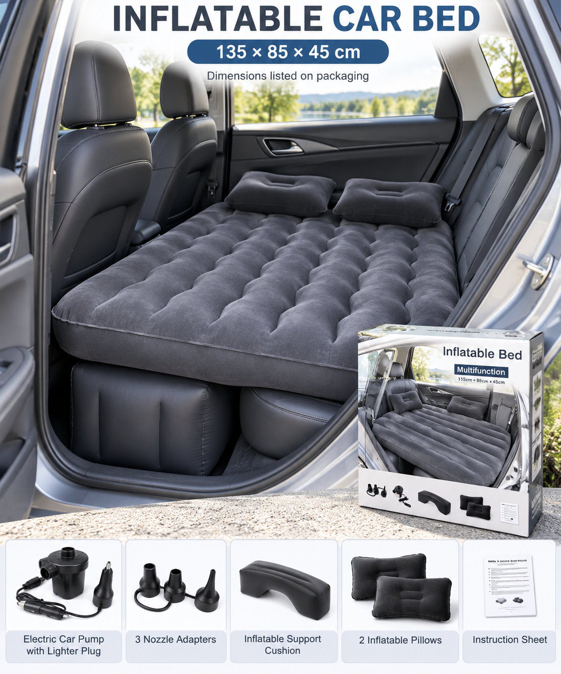 Inflatable Car Air Bed Set with Air Pump & Pillows for Travel, Camping & Road Trips