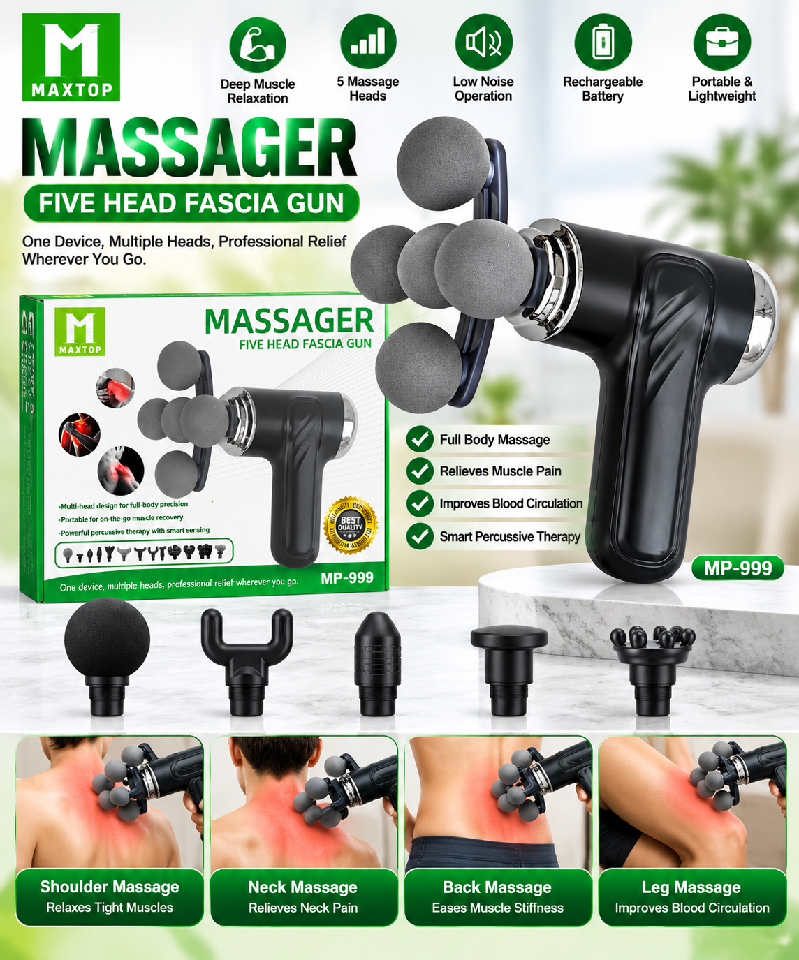 MAXTOP MP-999 5-Head Fascia Massage Gun – Rechargeable Full Body Massager