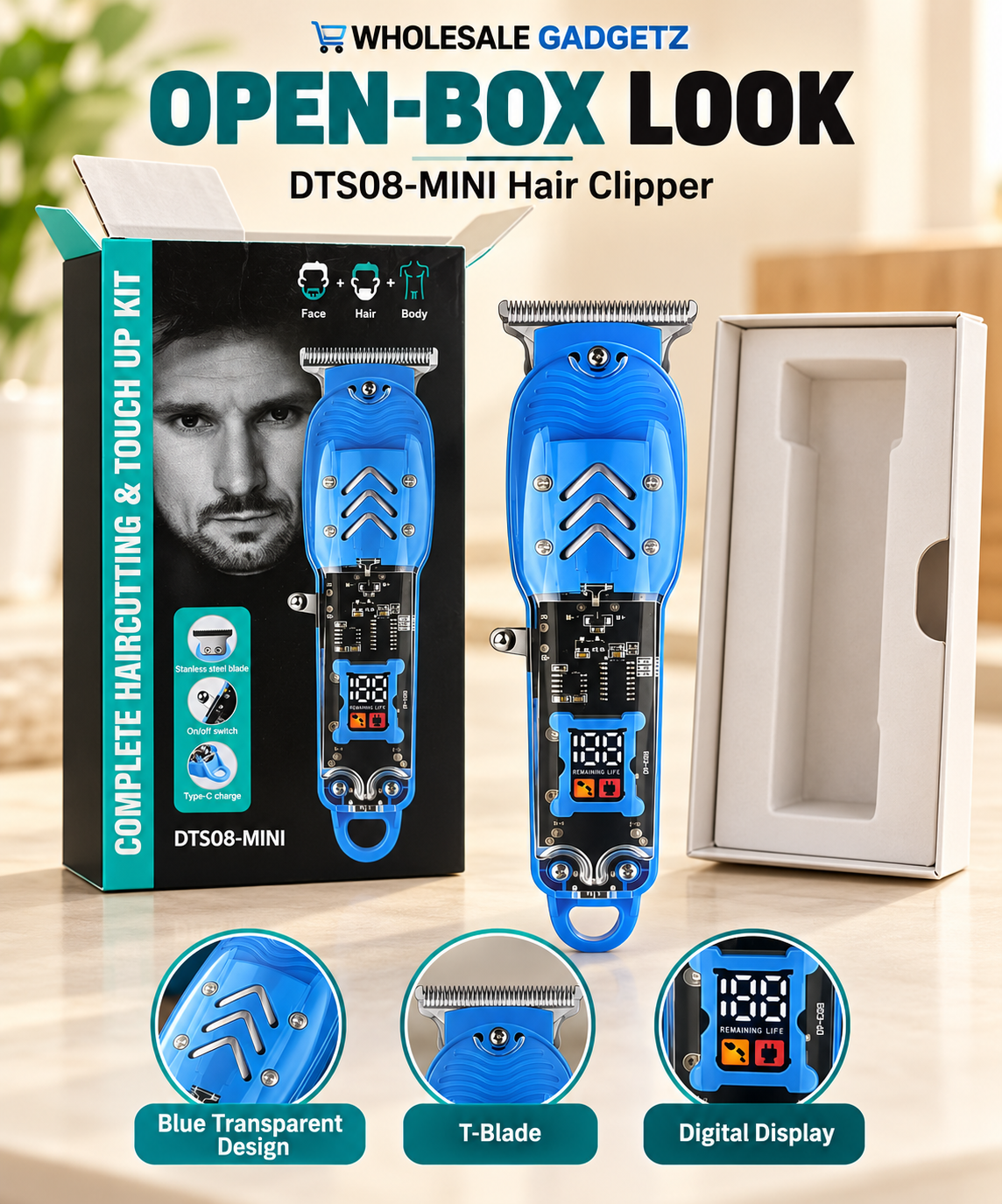 DTS08-MINI Rechargeable Hair & Beard Trimmer with Digital Display – Blue