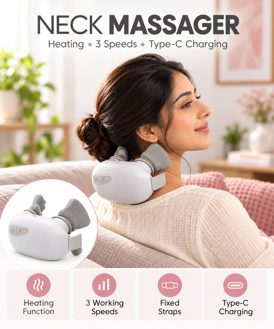 Smart Cordless Electric Neck Massager with Heat Therapy & 3 Speed Settings