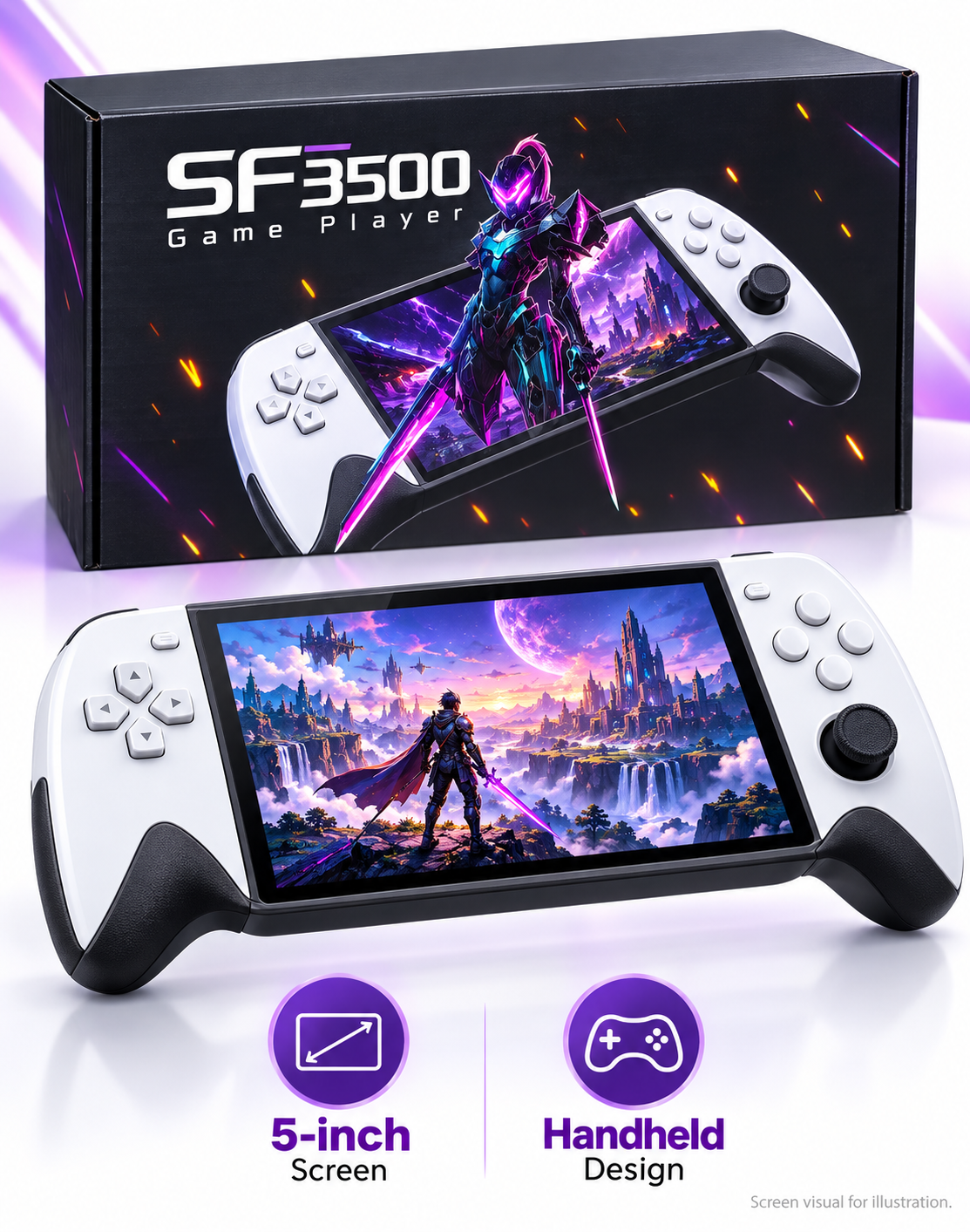 SF3500 Handheld Game Player – 5-Inch Screen, White & Black