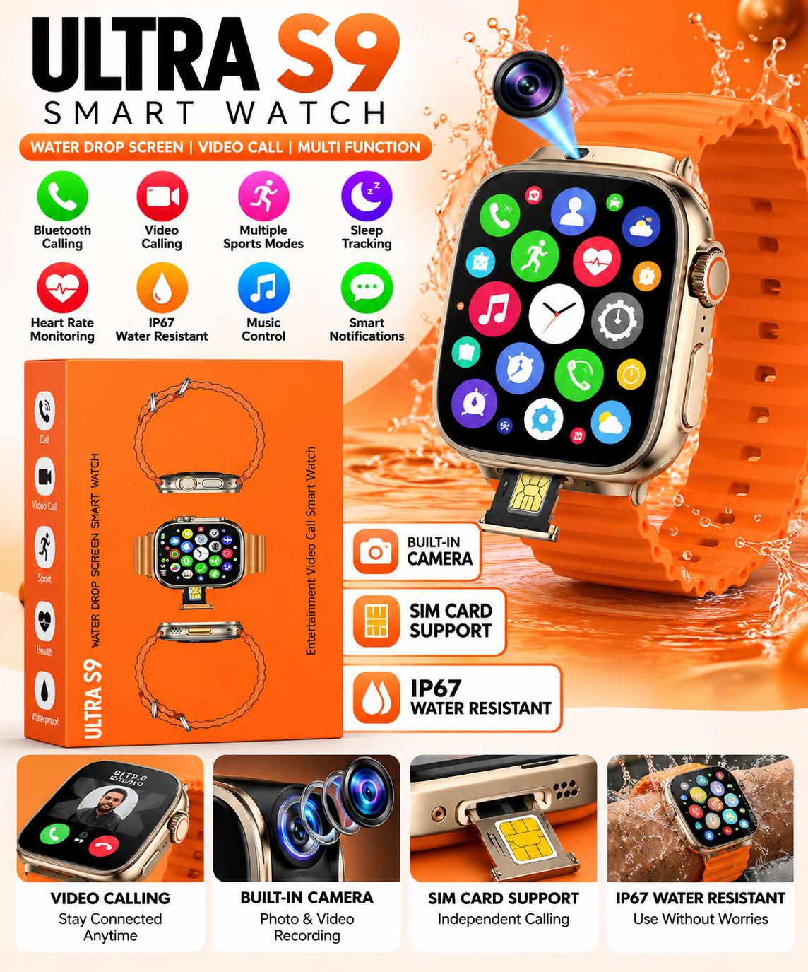 Ultra S9 Smart Watch – Video Calling & SIM Card Support