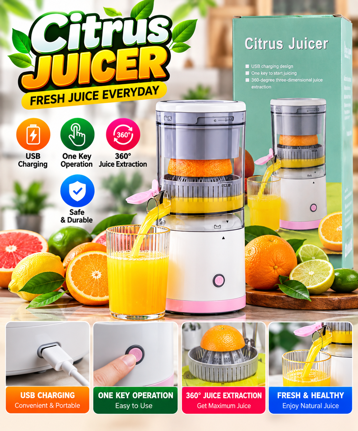 Portable Electric Citrus Juicer – USB Rechargeable Orange & Lemon Juice Maker