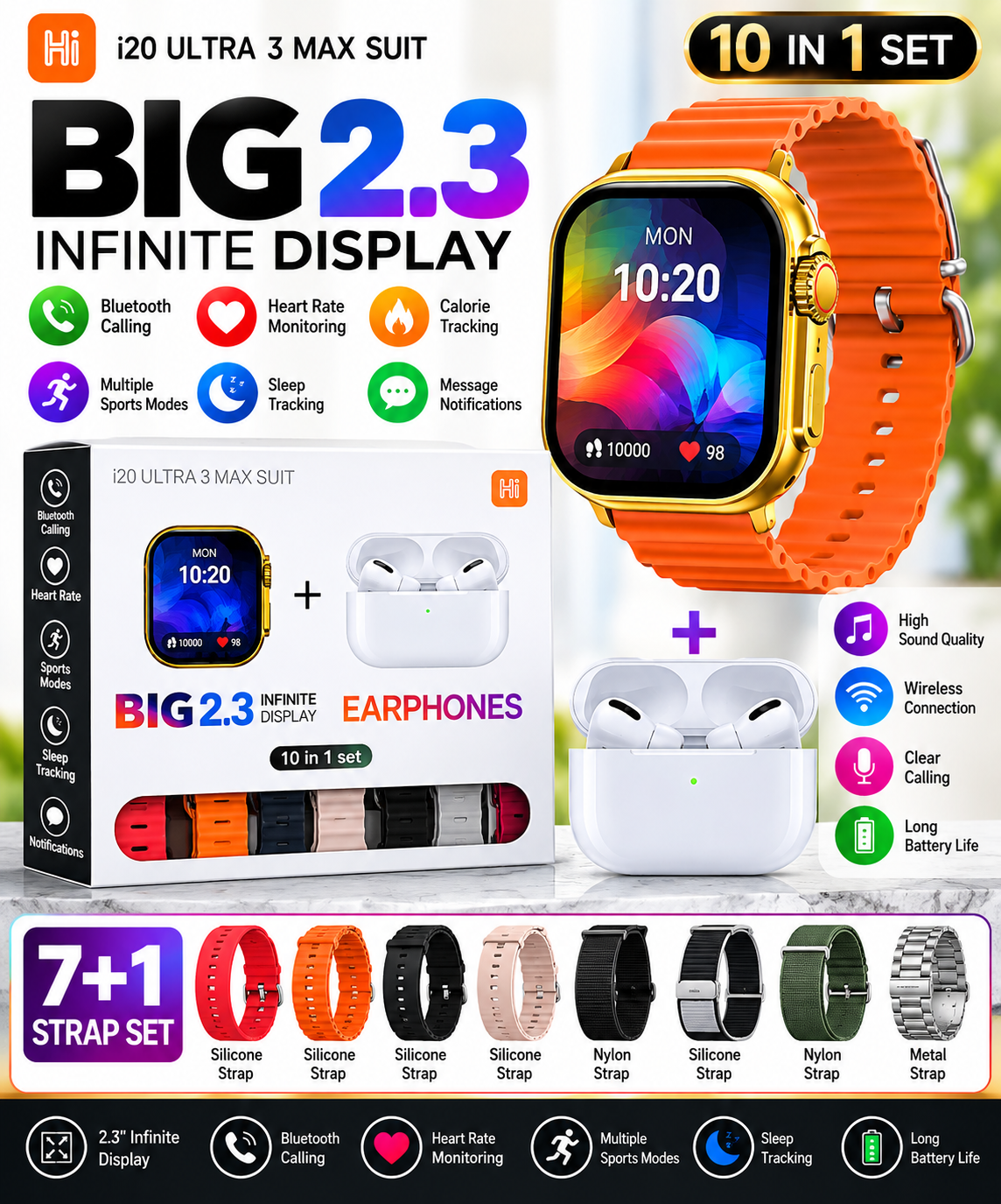 i20 Ultra 3 Max Suit Smart Watch + Earbuds – 10 in 1 Set