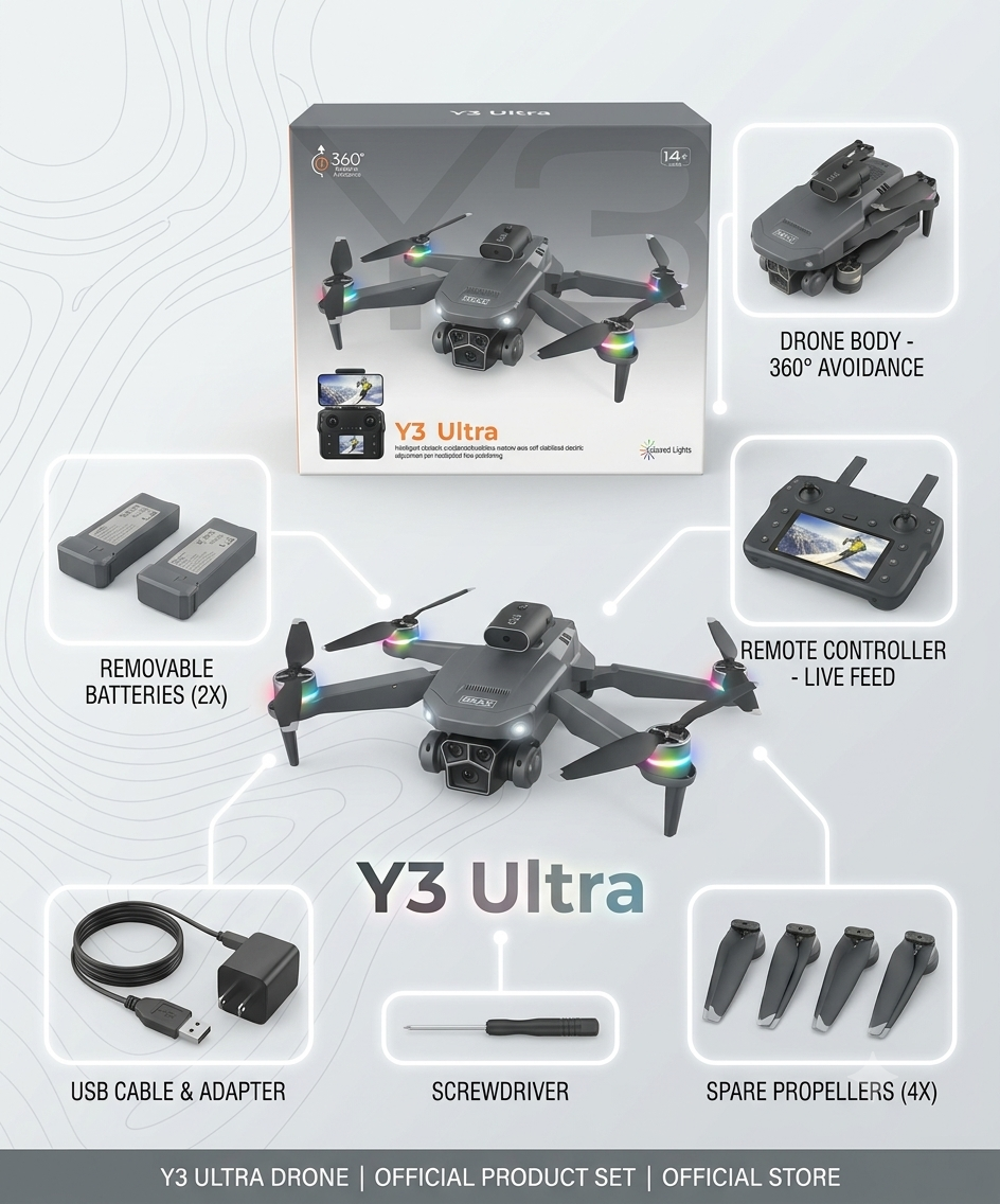 Y3 Ultra Drone with 360° Obstacle Avoidance & Live Feed Remote