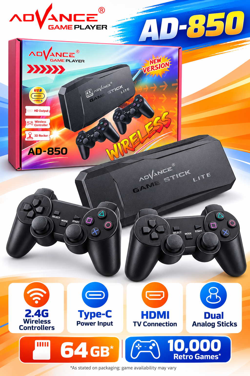 ADVANCE AD-850 Game Stick Lite 64GB with Dual Wireless Controllers