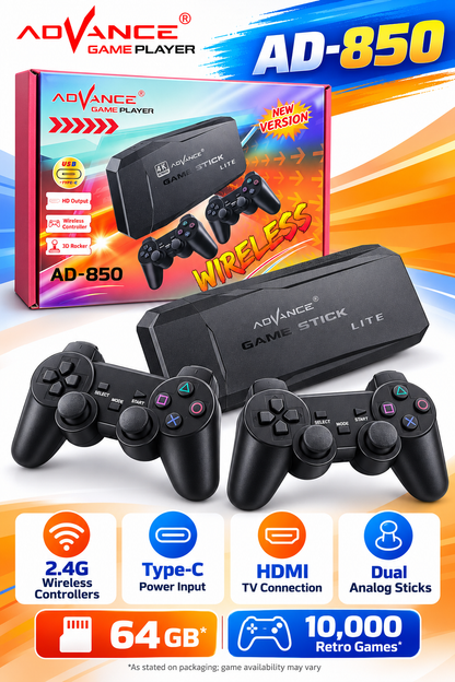 ADVANCE AD-850 Game Stick Lite 64GB with Dual Wireless Controllers