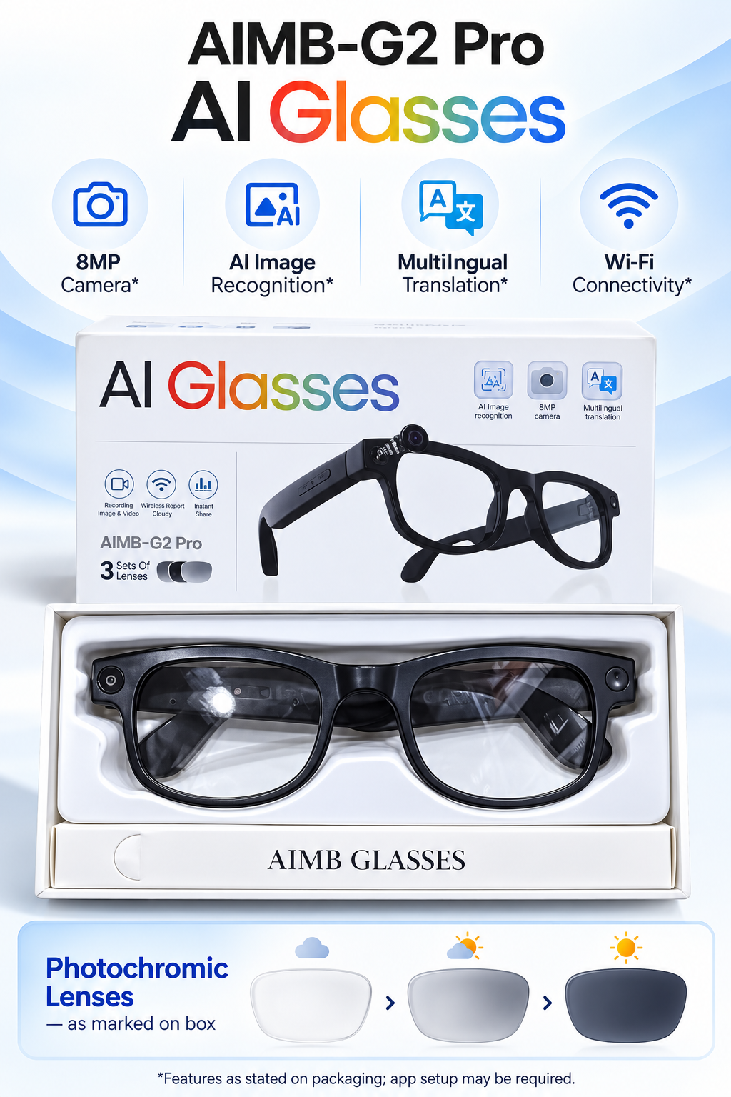 AIMB-G2 Pro AI Smart Glasses with 8MP Camera & Multilingual Translation – Black