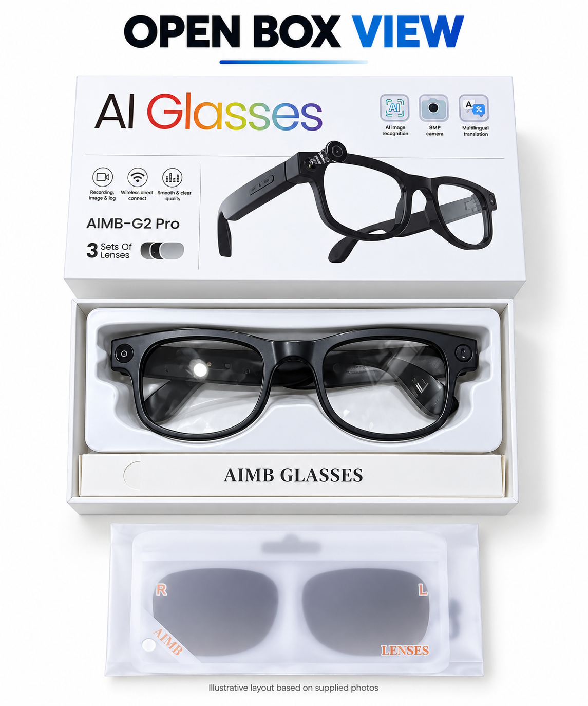 AIMB-G2 Pro AI Smart Glasses with 8MP Camera & Multilingual Translation – Black