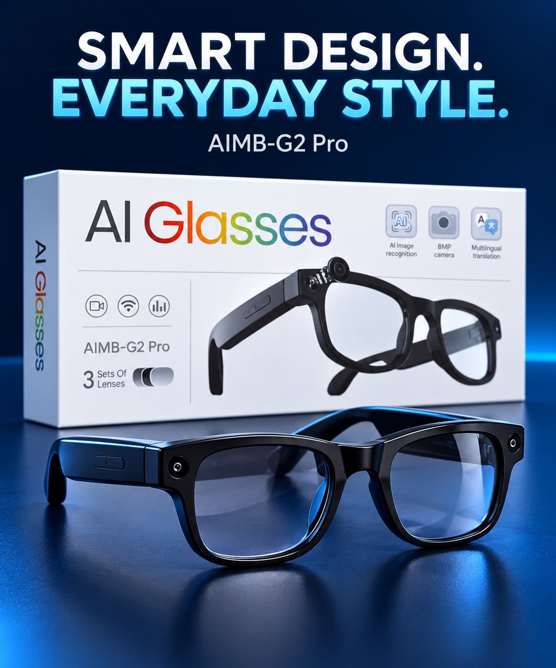 AIMB-G2 Pro AI Smart Glasses with 8MP Camera & Multilingual Translation – Black