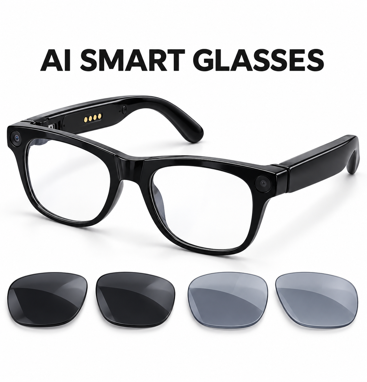 AI Smart Camera Glasses with Real-Time Translation & 3 Lens Sets – Black
