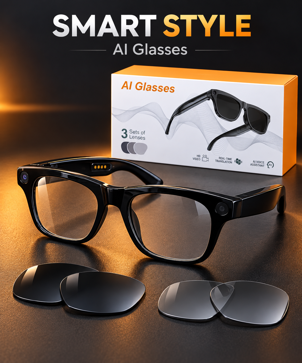AI Smart Camera Glasses with Real-Time Translation & 3 Lens Sets – Black