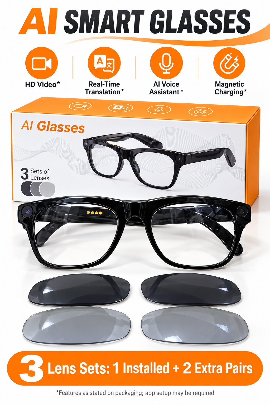 AI Smart Camera Glasses with Real-Time Translation & 3 Lens Sets – Black