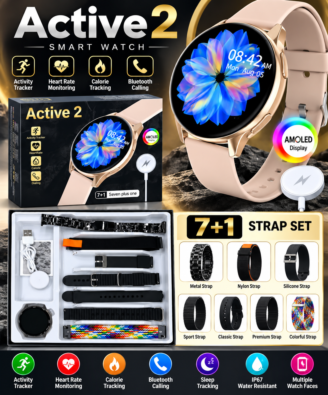 Active 2 AMOLED Smart Watch – 7+1 Interchangeable Strap Set