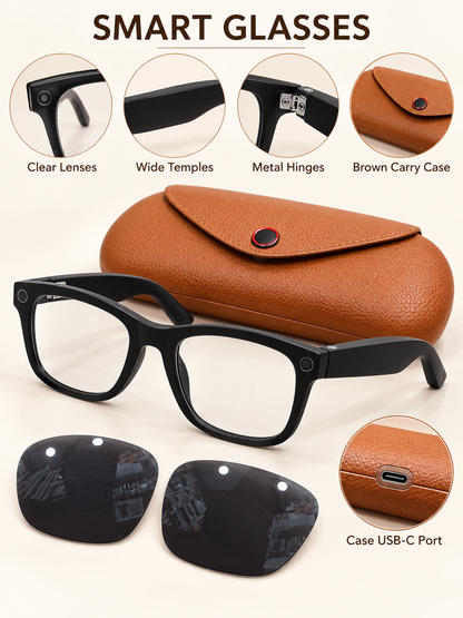 Black Smart Glasses with Clear & Dark Lenses and Brown Case
