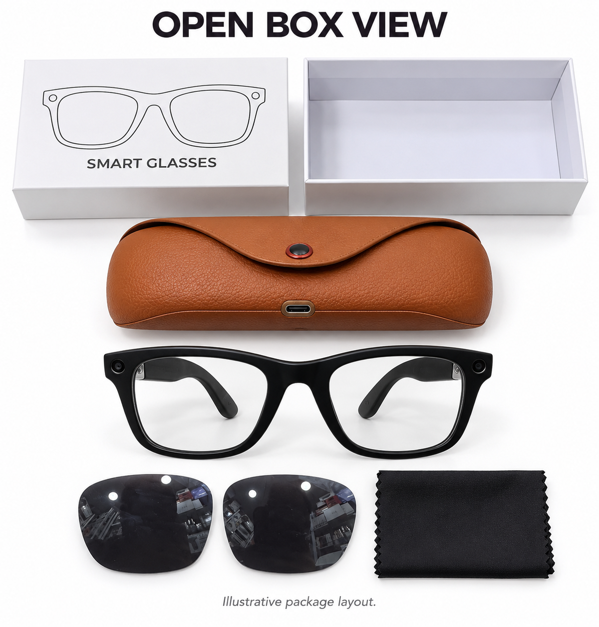 Black Smart Glasses with Clear & Dark Lenses and Brown Case