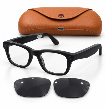 Black Smart Glasses with Clear & Dark Lenses and Brown Case
