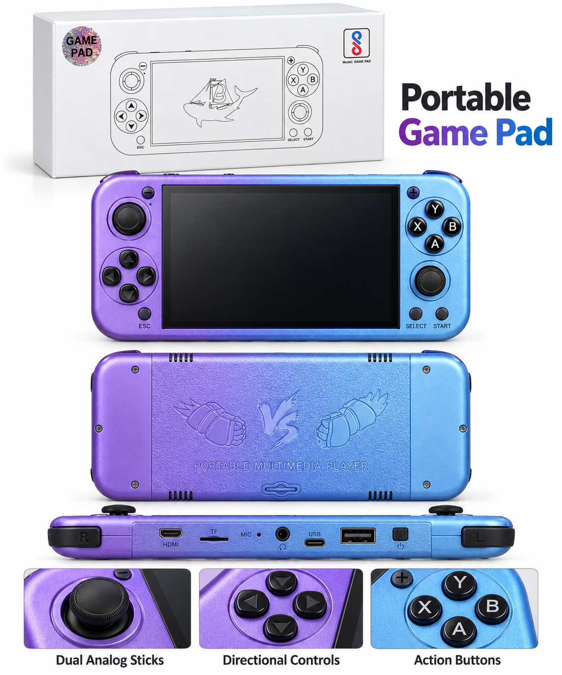 Portable Handheld Game Pad – Dual Analog Controls, Blue-Purple Finish