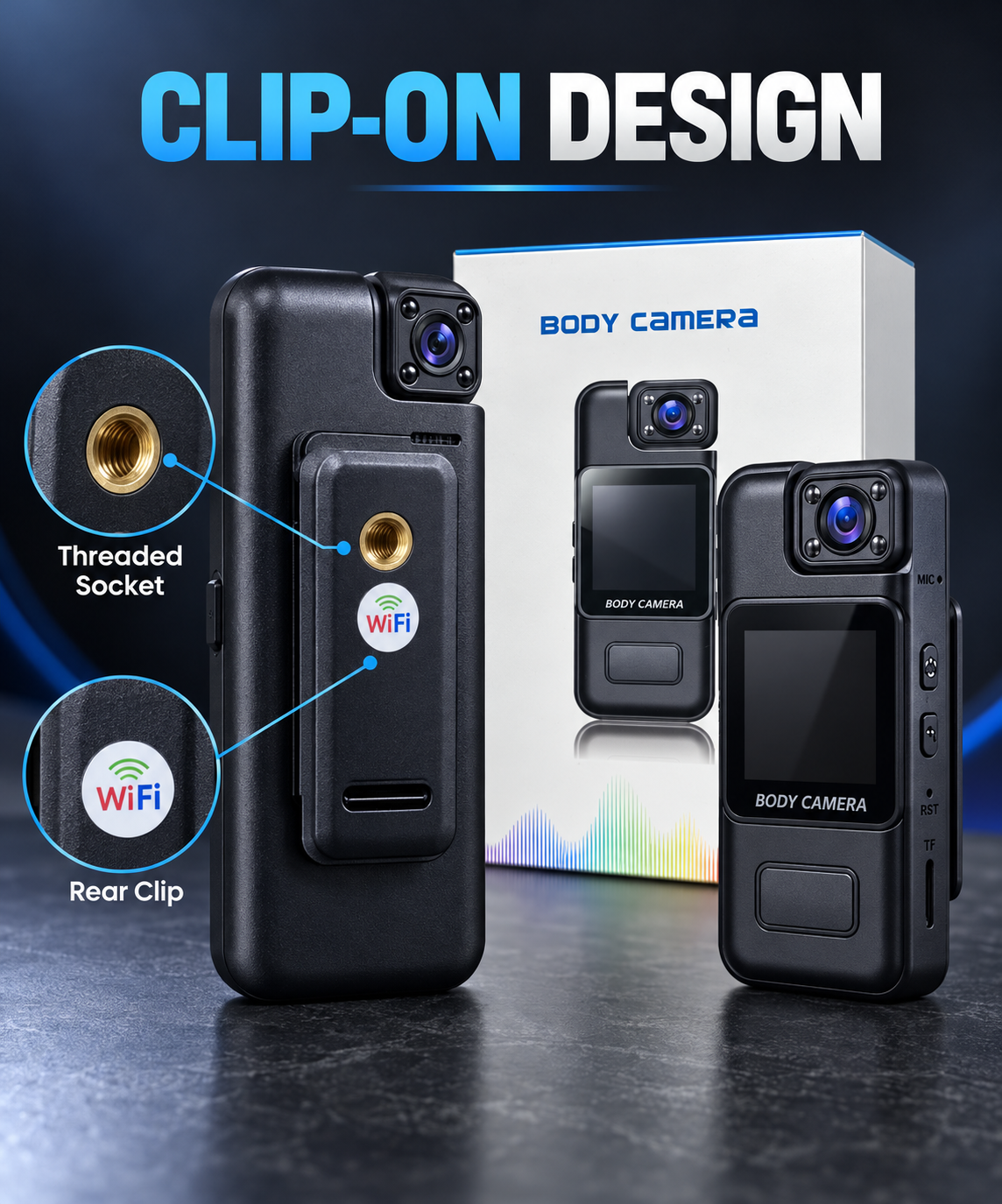 Compact HD Body Camera with 1.4-Inch Display, Clip-On Design, Night Vision & WiFi