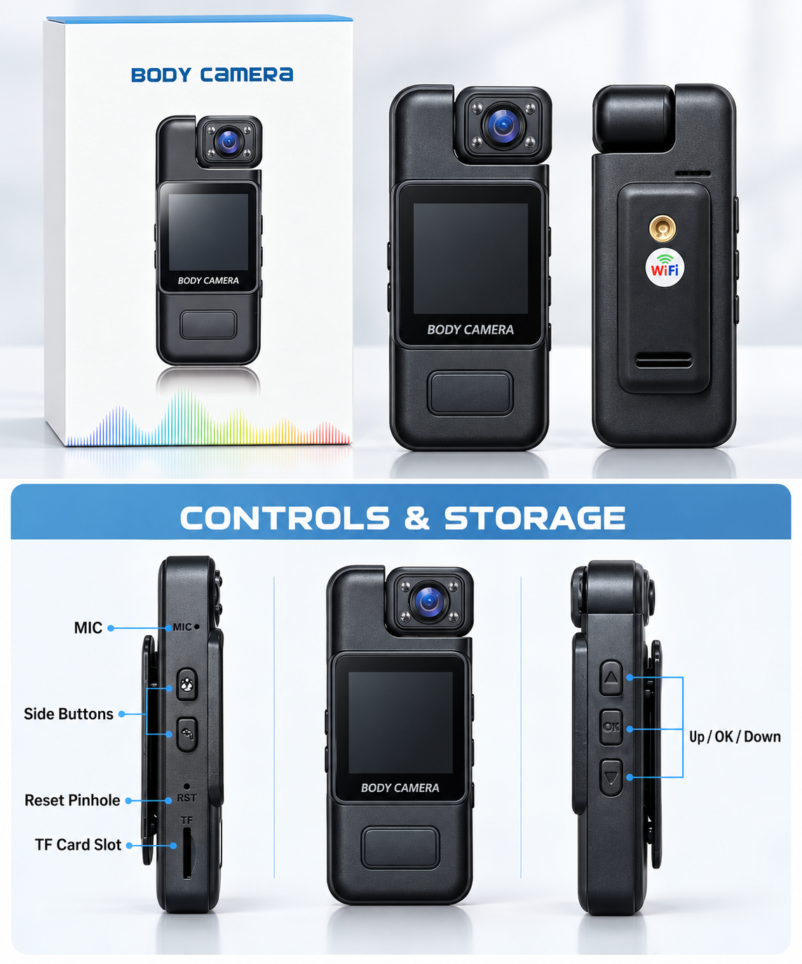 Compact HD Body Camera with 1.4-Inch Display, Clip-On Design, Night Vision & WiFi