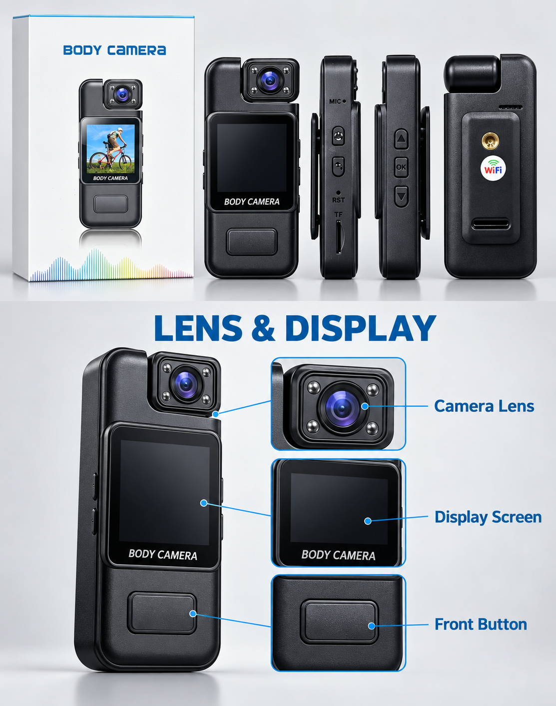 Compact HD Body Camera with 1.4-Inch Display, Clip-On Design, Night Vision & WiFi