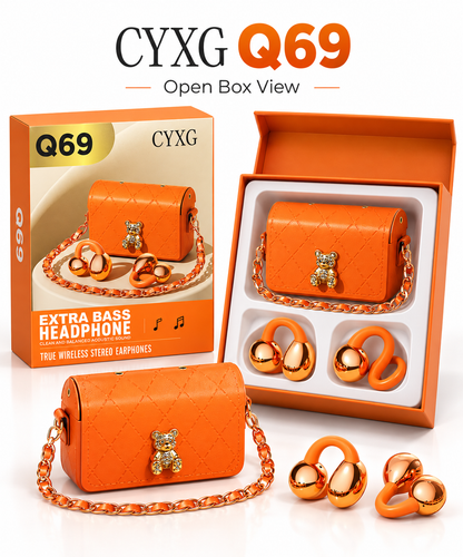 CYXG Q69 Luxury Handbag Open-Ear Wireless Earbuds – Designer Mini Leather Pouch Charging Case, Gold Chain Strap, &amp; Crystal Bear Pendant, Extra Bass TWS Bluetooth Earphone