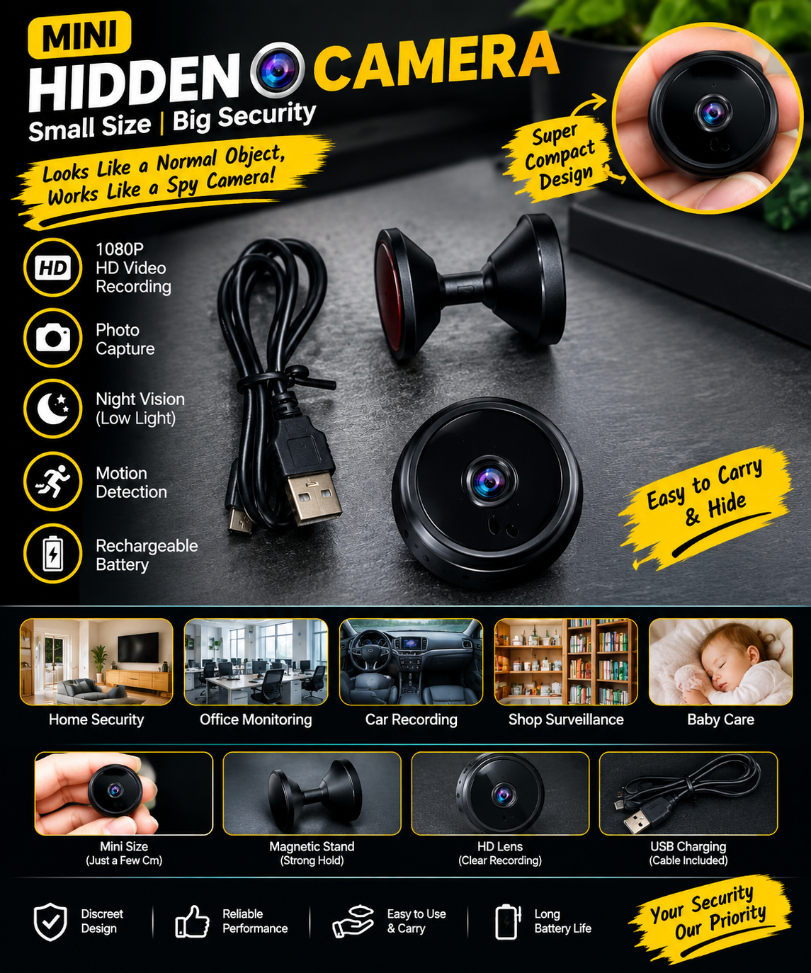 Mini Hidden Camera with Magnetic Stand – HD 1080P
