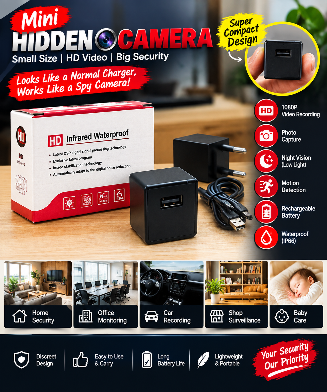 Mini Charger Camera – HD 1080P Security Camera