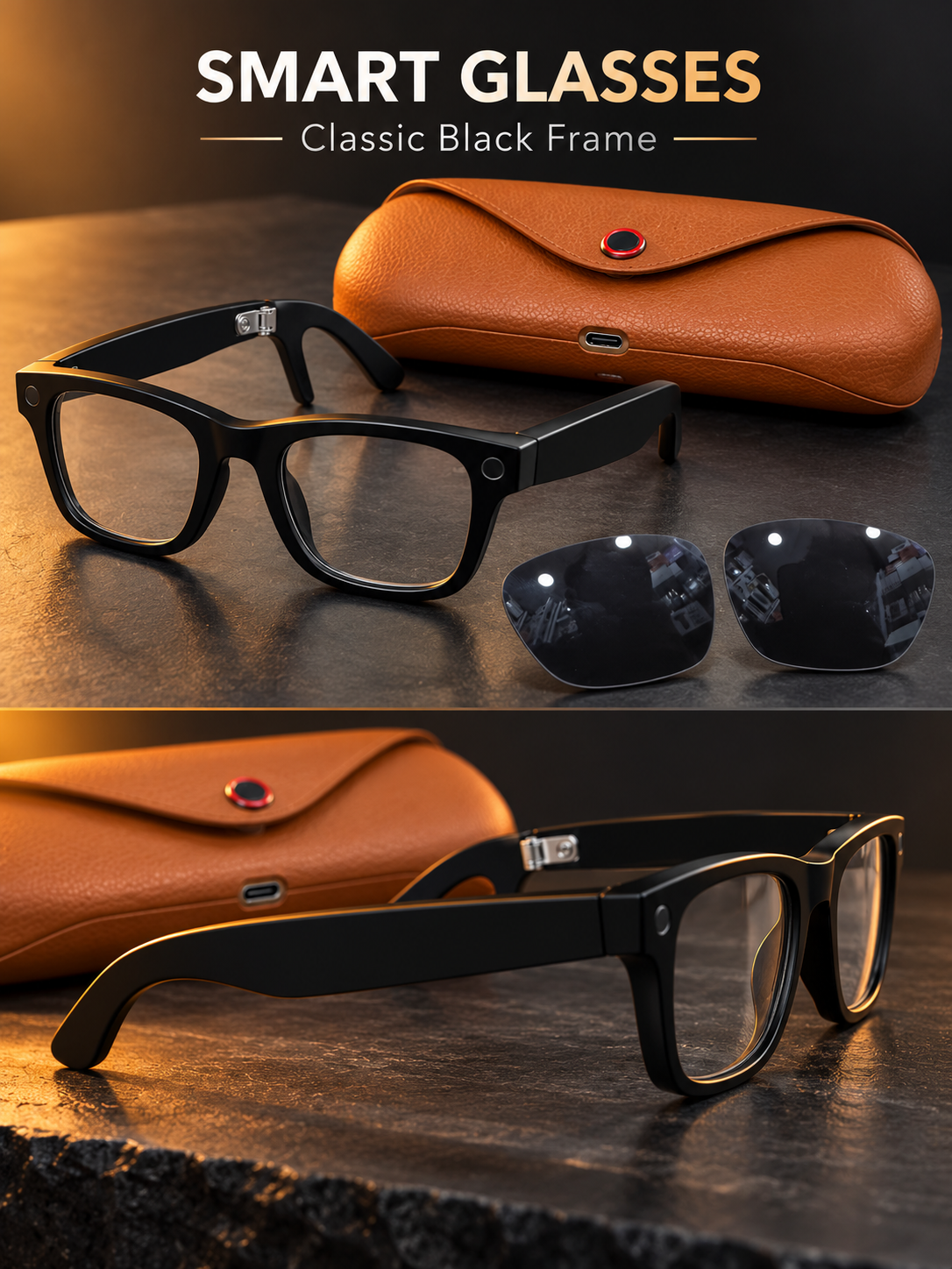 Black Smart Glasses with Clear & Dark Lenses and Brown Case