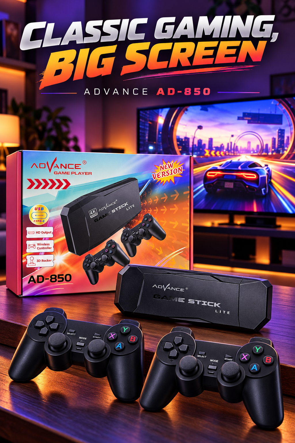 ADVANCE AD-850 Game Stick Lite 64GB with Dual Wireless Controllers