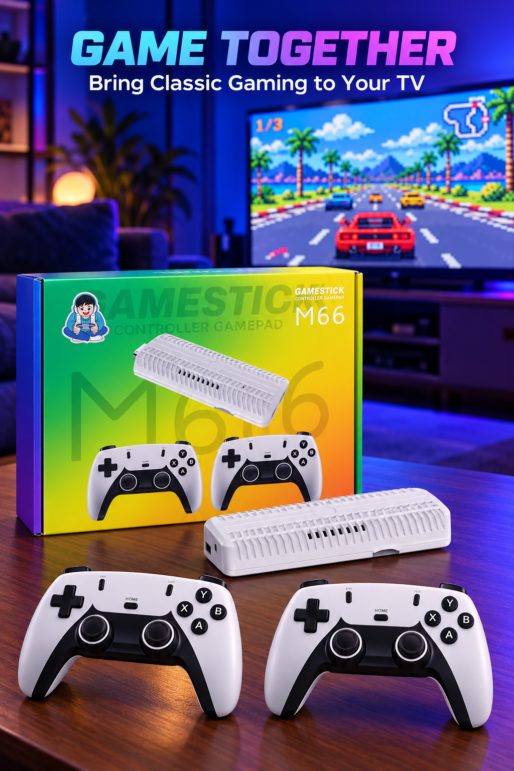 M66 GameStick TV Gaming Console with Dual Controllers – White