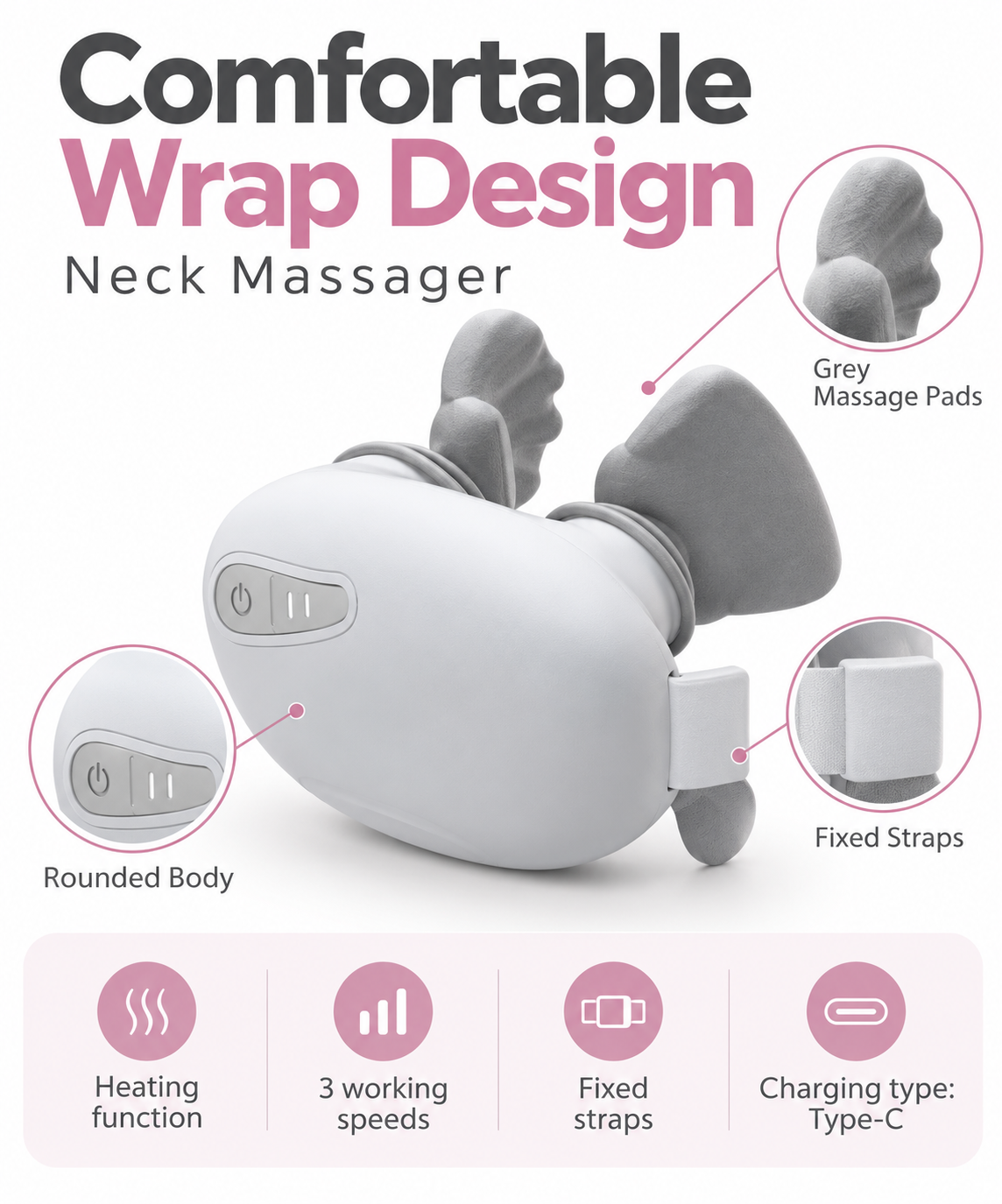 Smart Cordless Electric Neck Massager with Heat Therapy & 3 Speed Settings