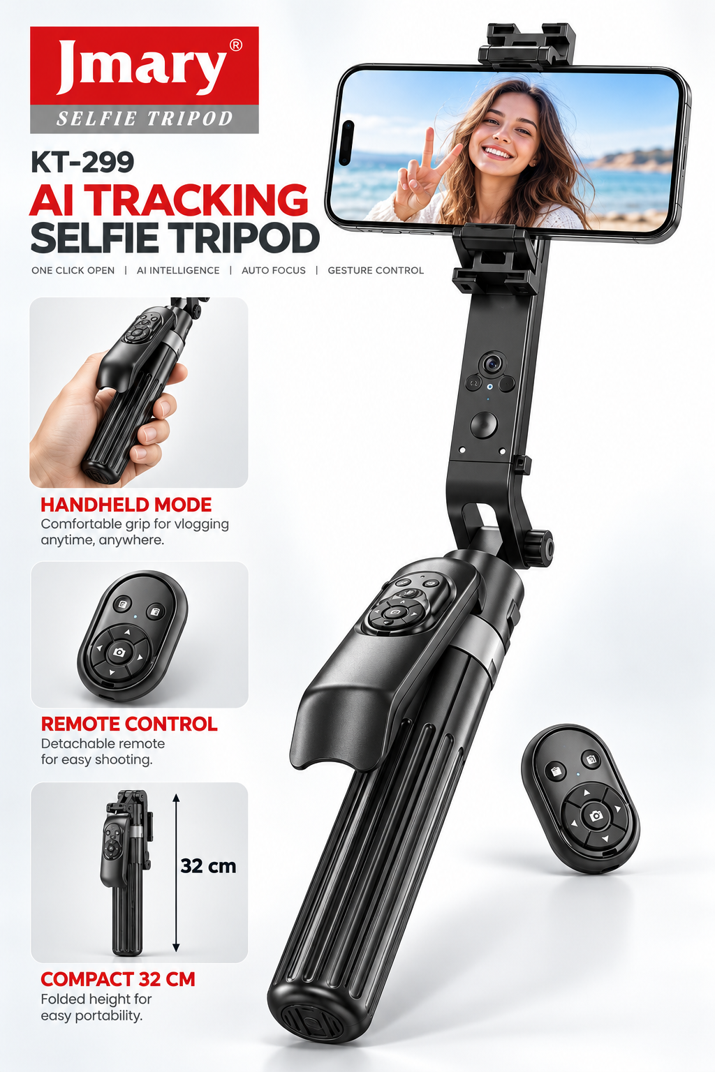 Jmary KT-299 AI Tracking Selfie Stick Tripod with Remote Control – 183 cm