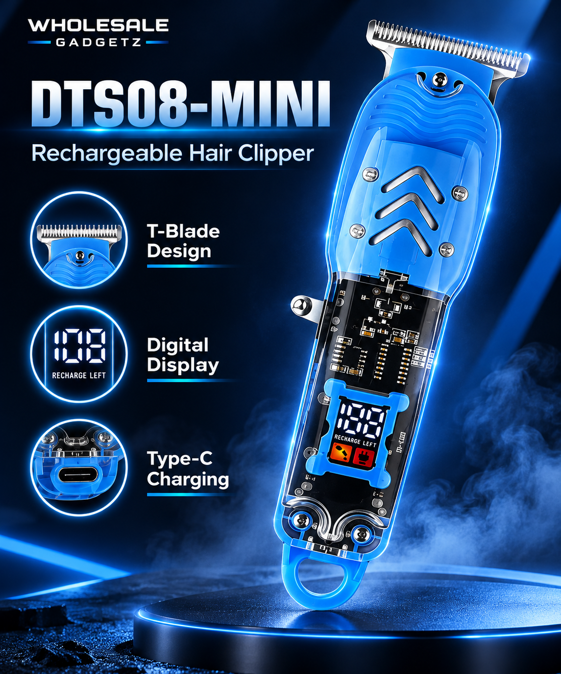 DTS08-MINI Rechargeable Hair & Beard Trimmer with Digital Display – Blue