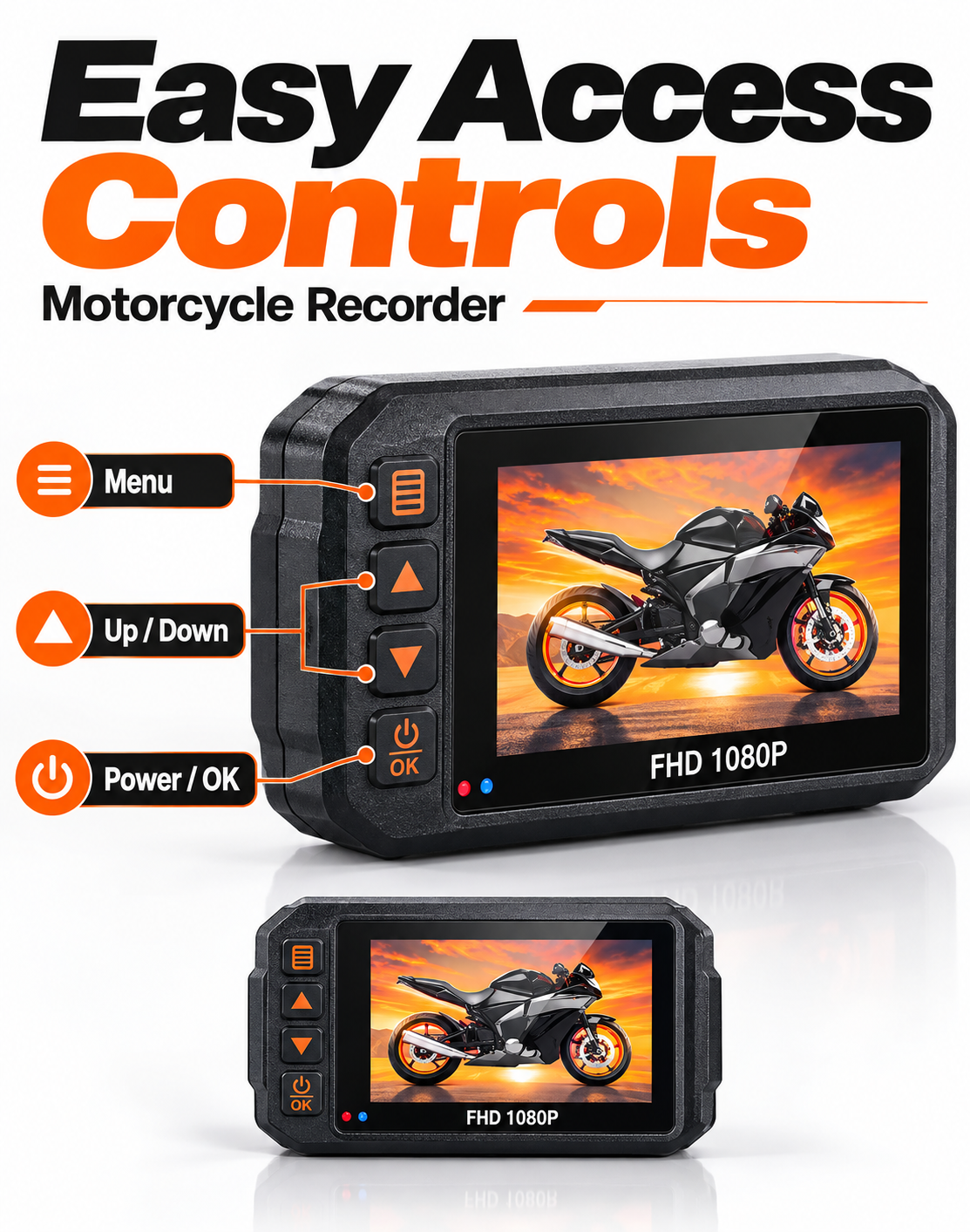 Full HD 1080P Waterproof Motorcycle DVR Dash Camera with Color Display & Side Control Buttons