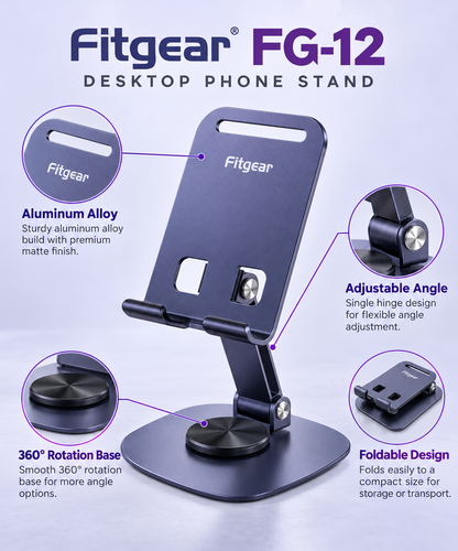 Fitgear FG-12 Foldable Aluminium Desktop Mobile Stand with 360° Rotating Base