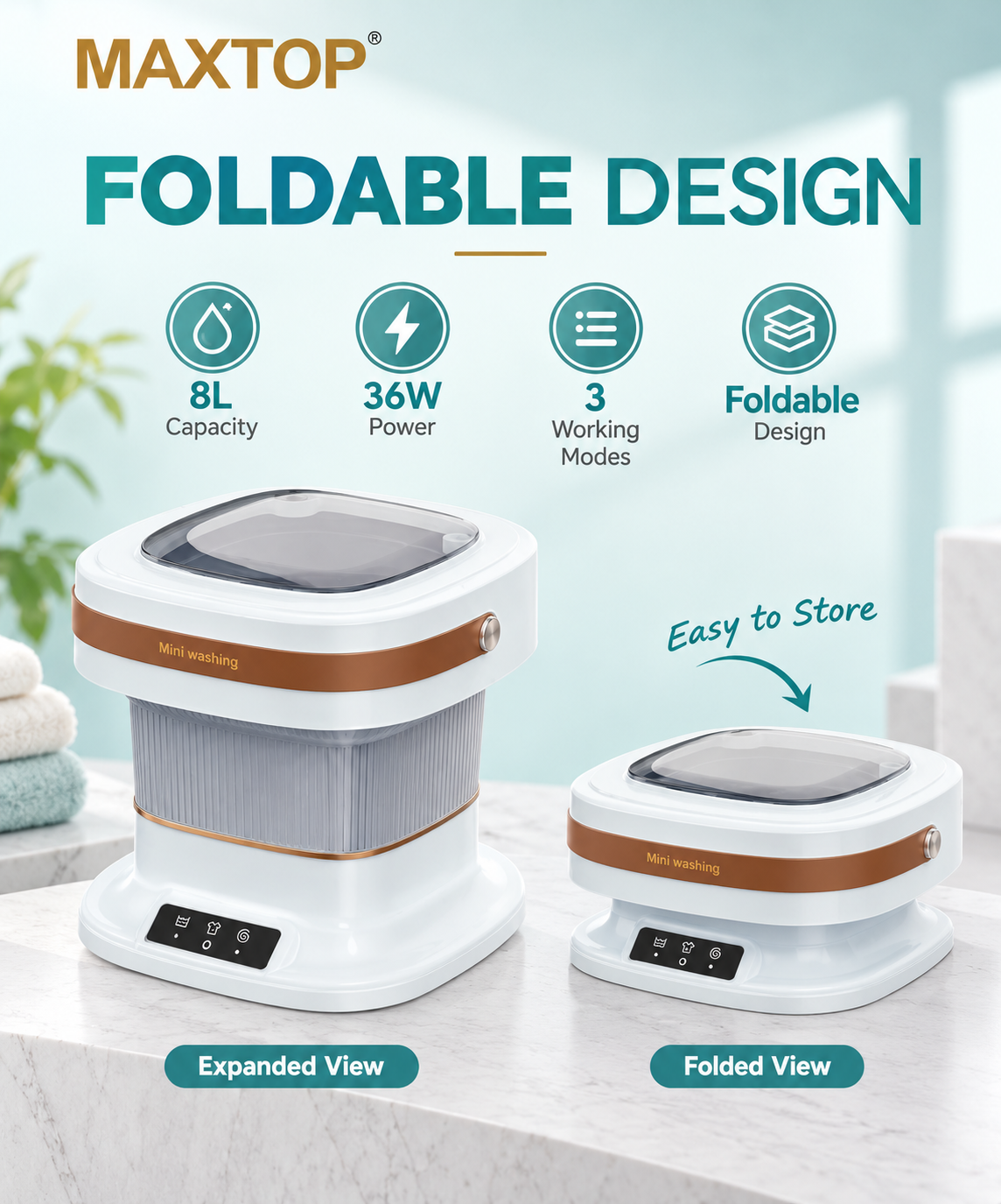 MAXTOP 8L Portable Folding Washing Machine with 3 Working Modes & 36W Power