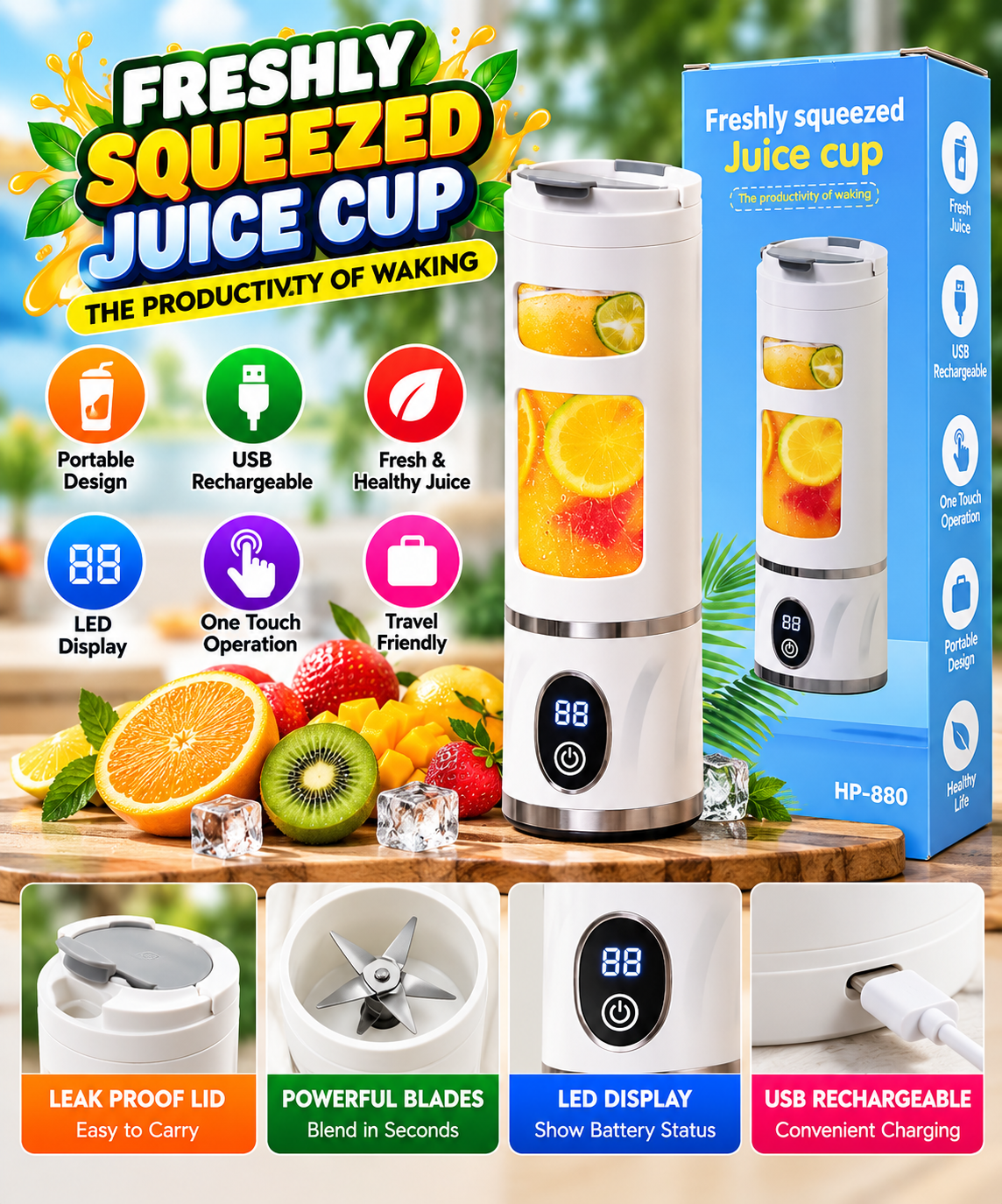 HP-880 Portable Electric Juicer Cup – USB Rechargeable Mini Juice Blender with Digital Display