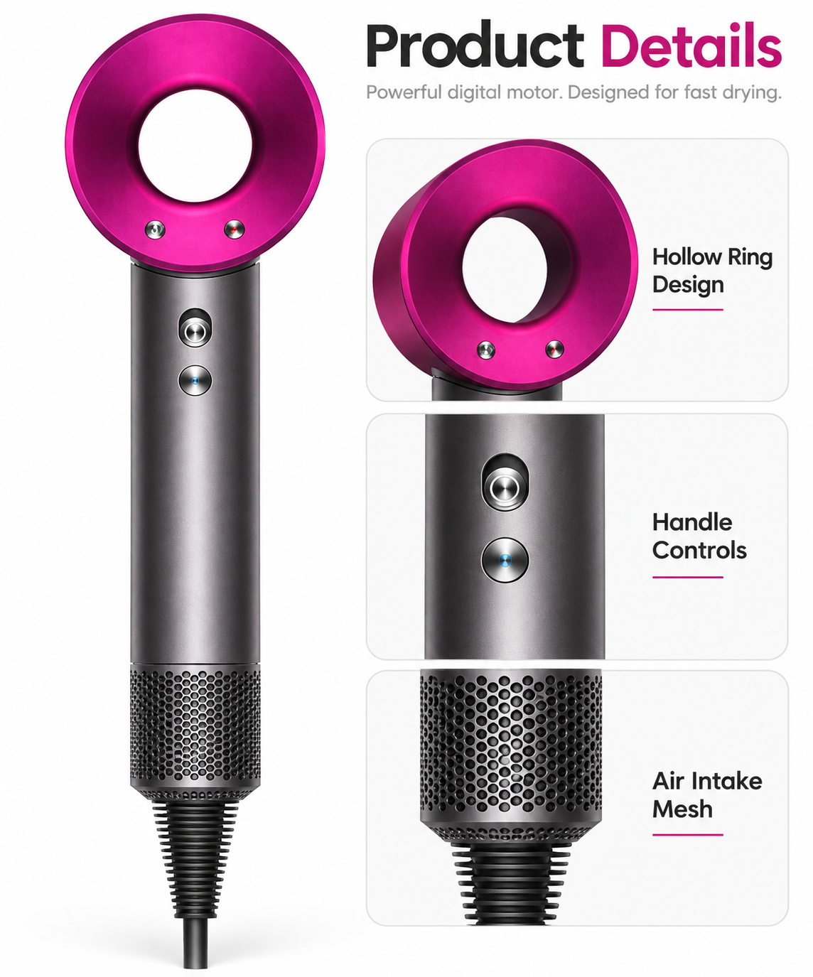Leafless Hair Dryer – Digital Motor, Graphite & Magenta