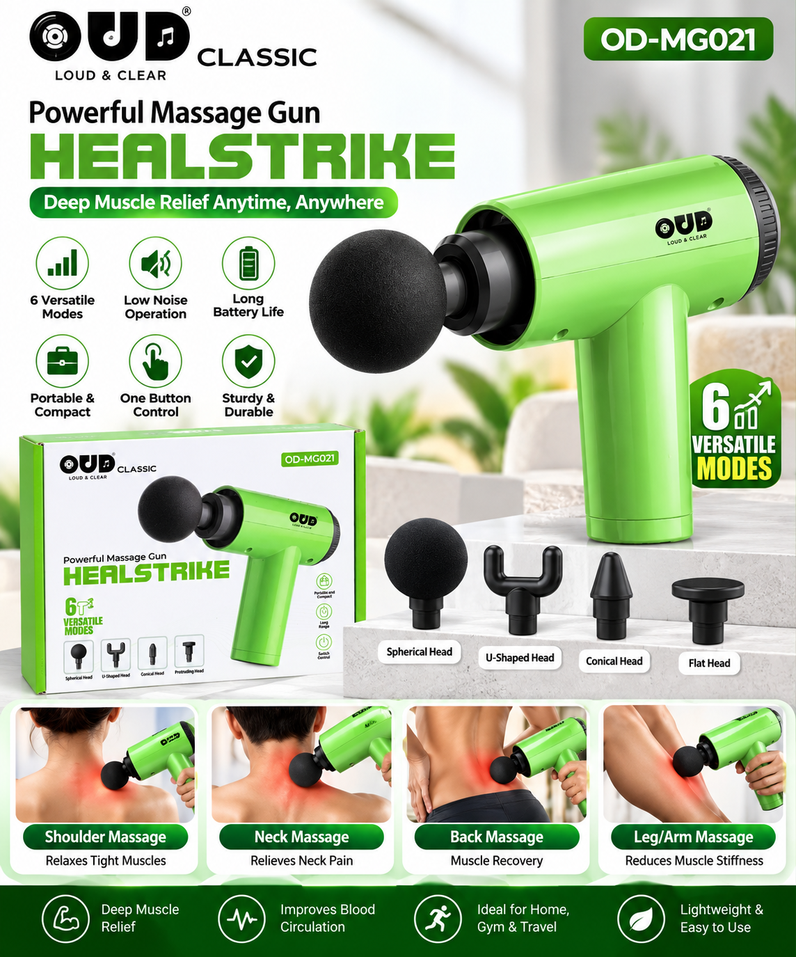 OUD Classic Healstrike OD-MG021 Rechargeable Massage Gun – 6 Modes