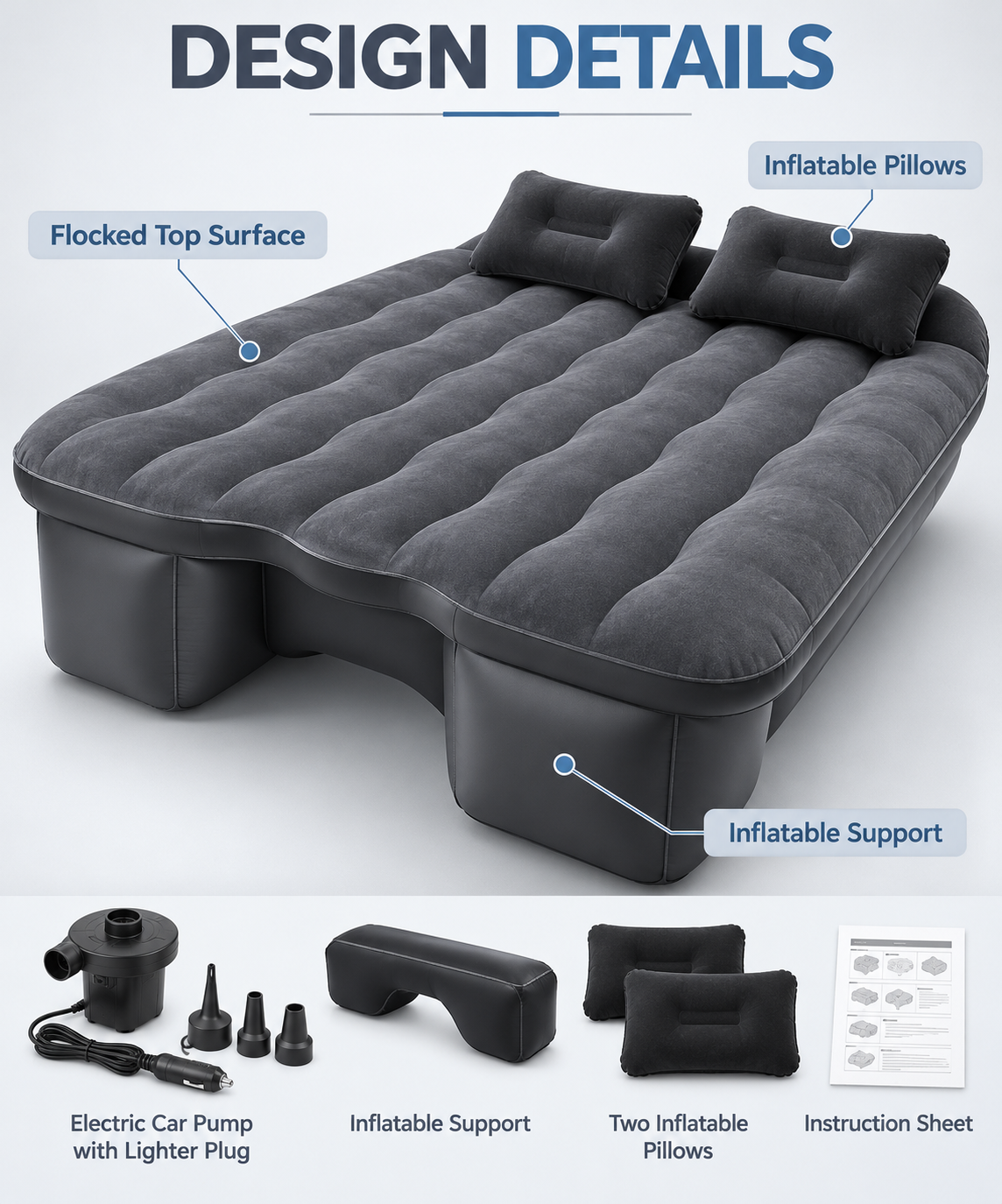 Inflatable Car Air Bed Set with Air Pump & Pillows for Travel, Camping & Road Trips