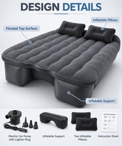 Inflatable Car Air Bed Set with Air Pump & Pillows for Travel, Camping & Road Trips