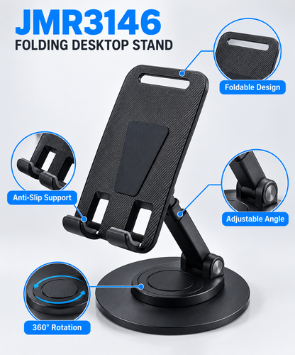 JMR3146 Foldable Desktop Mobile Stand with 360° Rotating Base – Black