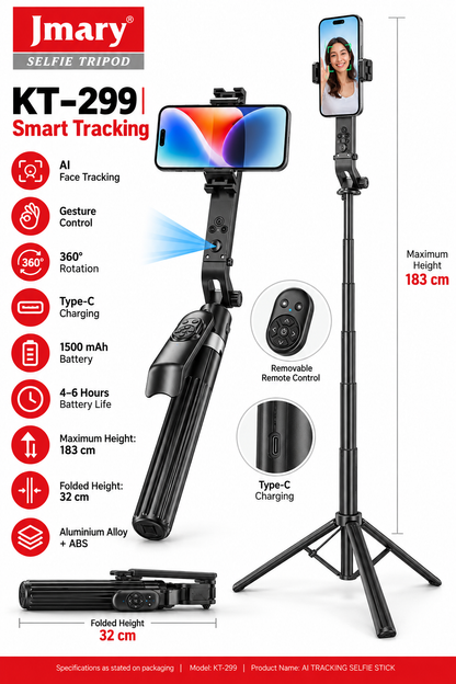 Jmary KT-299 AI Tracking Selfie Stick Tripod with Remote Control – 183 cm