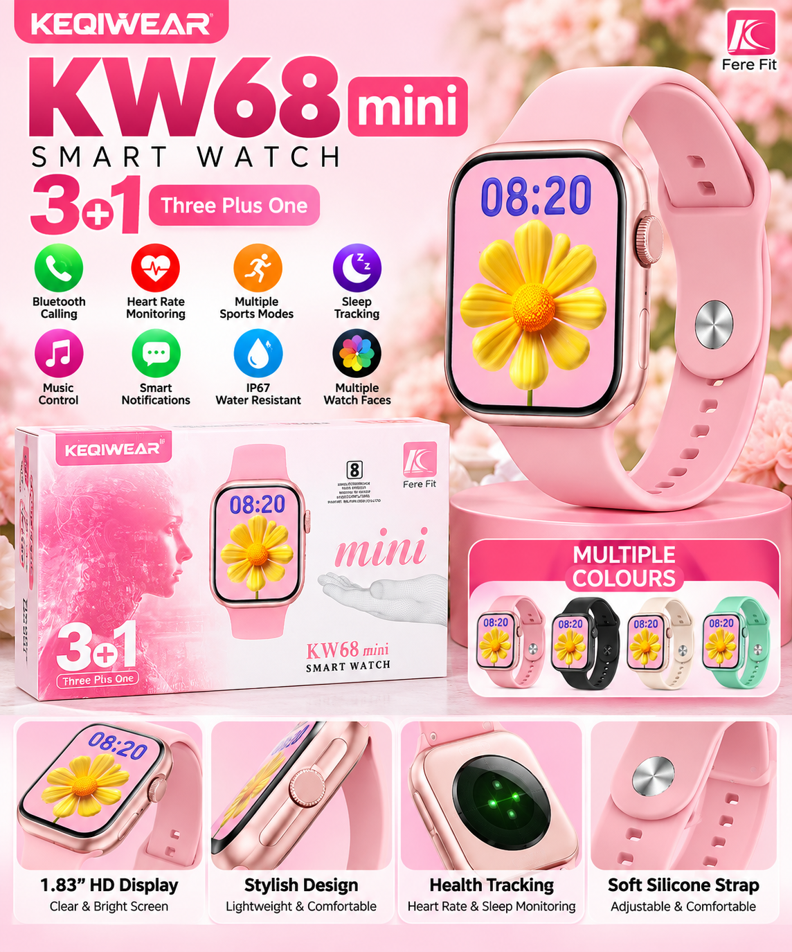 KEQIWEAR KW68 Mini Smart Watch – 3+1 Strap Set