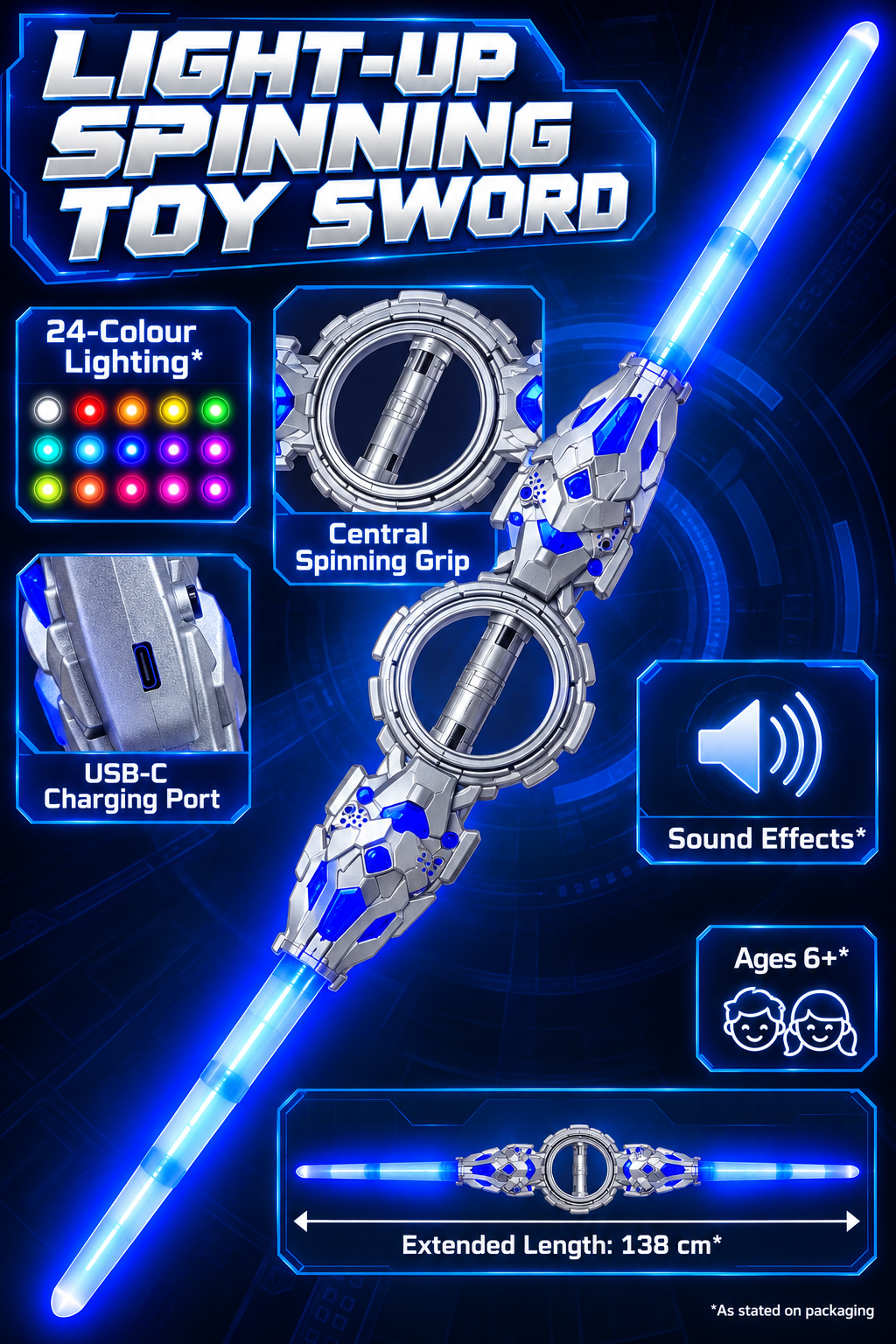Rechargeable Double-Headed Spinning LED Toy Sword with 24-Colour Lights & Sound Effects – 138 cm