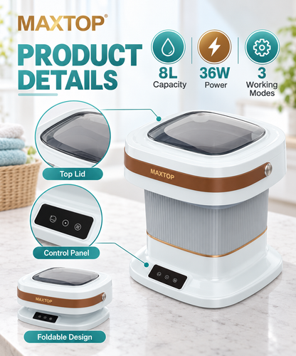 MAXTOP 8L Portable Folding Washing Machine with 3 Working Modes & 36W Power